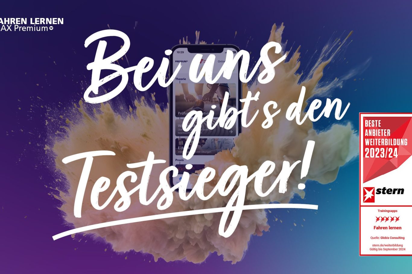 Text auf buntem Hintergrund: "Bei uns gibt's den Testsieger!" mit Produkt-Logo.