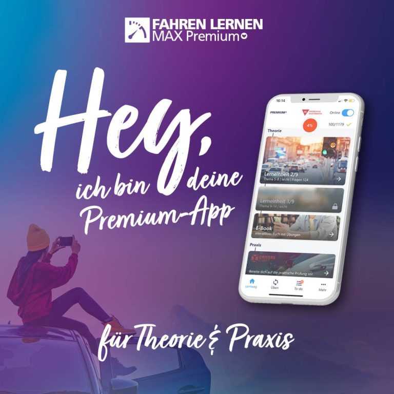 Werbung für eine Lern-App mit dem Text: "Hey, ich bin deine Premium-App für Theorie & Praxis."